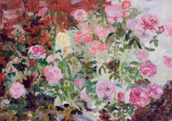 Image of - Pink Roses Against Red Hothouse