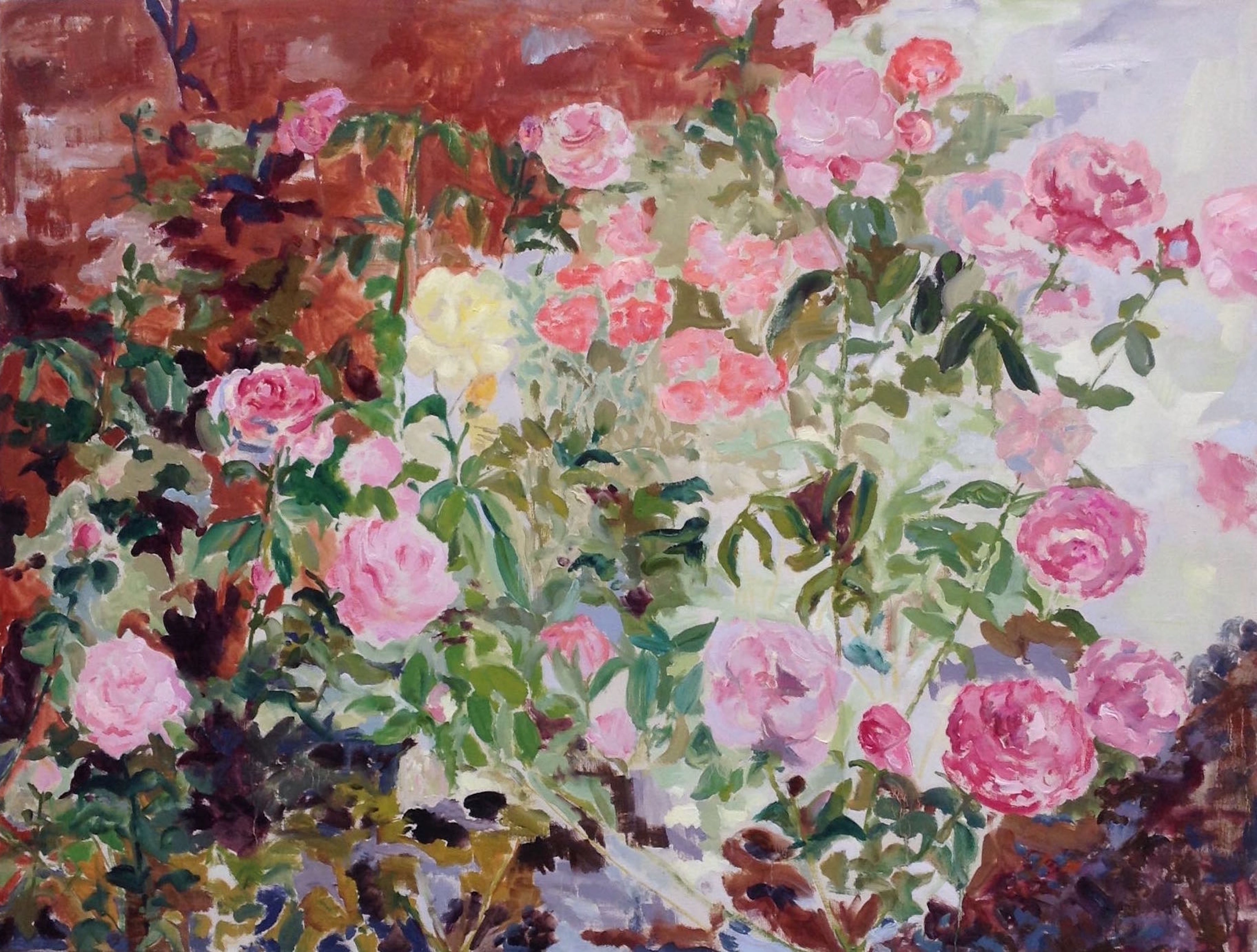 Image of - Pink Roses Against Red Hothouse